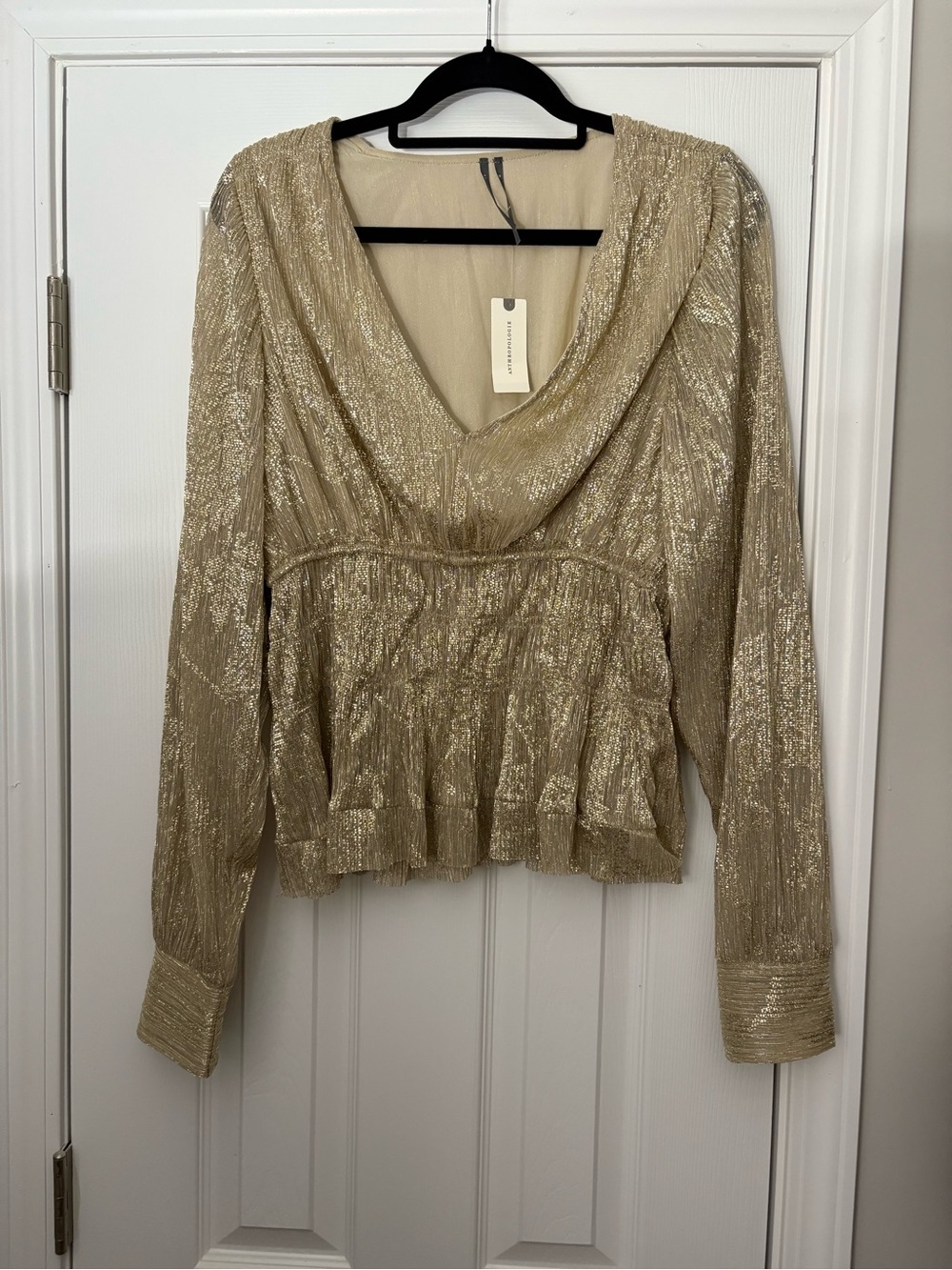NWT By Anthropologie Metallic Gold Smocked Long Sleeve Peplum Blouse - Picture 2 of 5